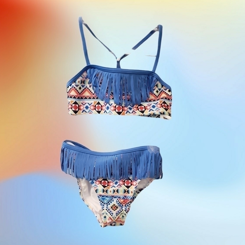 Jantzen Kids Bikini with Blue Fringe and Geometric Pattern